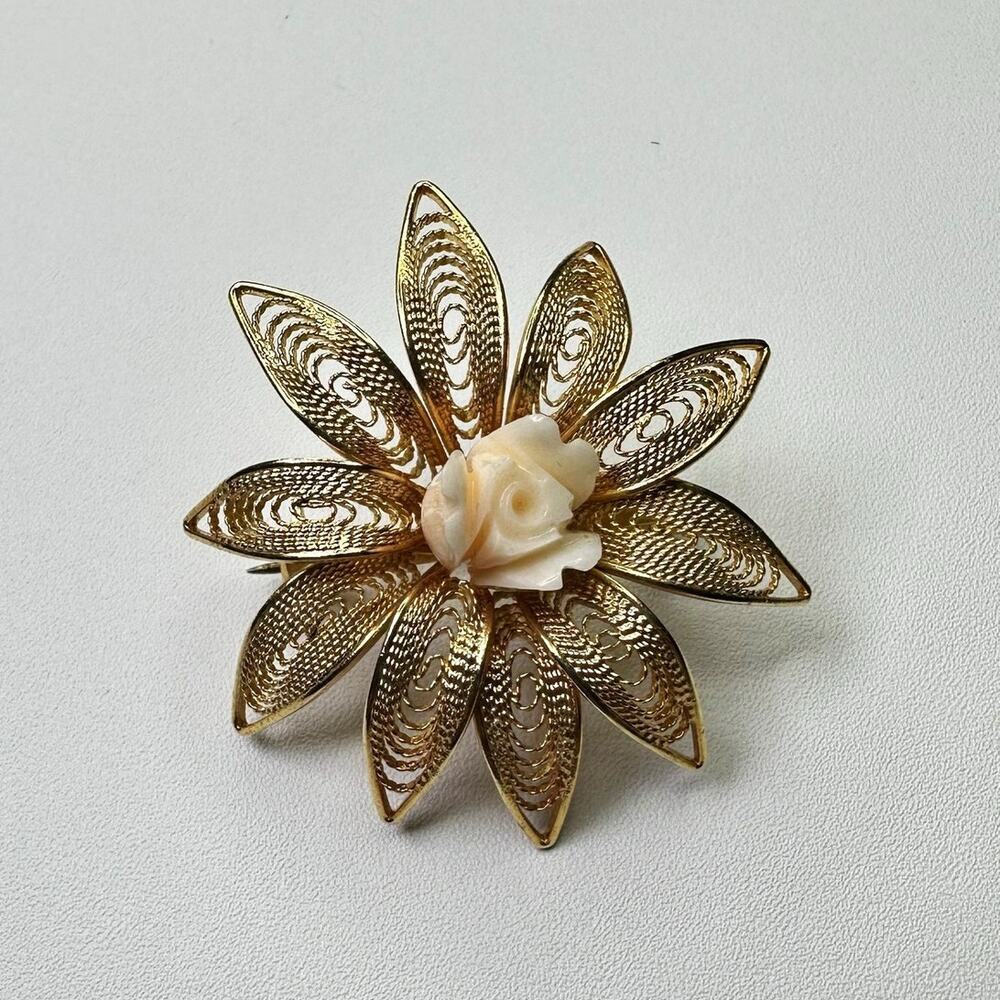 Vintage Gold Filigree Flower Brooch with Ivory Rose Center Handcrafted Floral